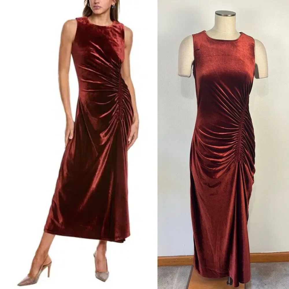 Taylor Womens 8 Velvet Sheath Midi Sleeveless Dress in Brown Copper - Picture 1 of 6